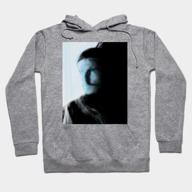 Portrait, digital collage, special processing. Bright side, survival guy. Man between light and darkness. Light blue. Hoodie by 234TeeUser234